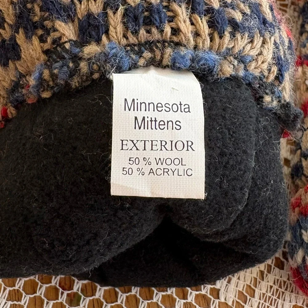 Minnesota Mittens Fair Isle Wool Blend Fleece Lined Knit Mittens Medium USA Made